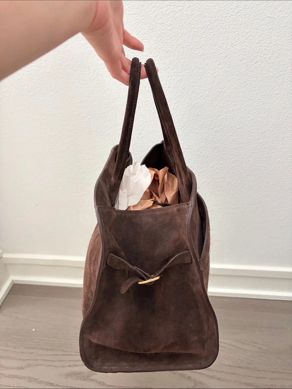 Elborn Structured Suede Satchel in Dark Brown with Gold-Tone Turn Lock